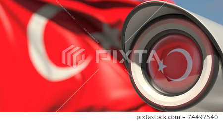 National flag of Turkey and CCTV camera. Surveillance system conceptual 3D rendering 74497540