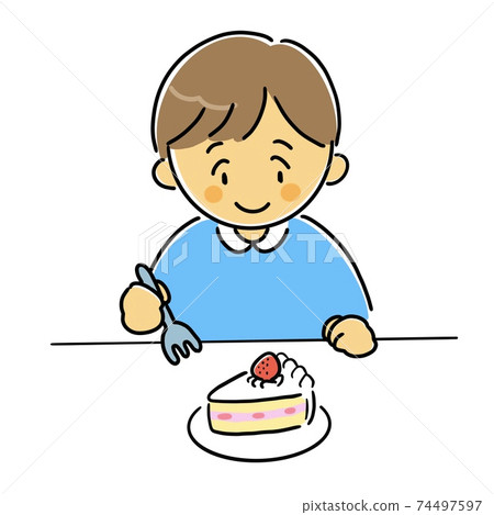 一個看起來對零食蛋糕滿意的男孩 一個看起來對零食蛋糕滿意的男孩 74497597