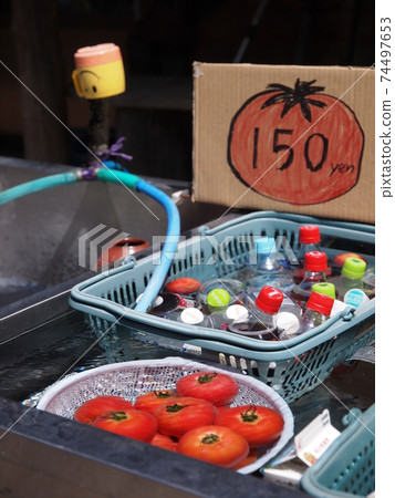 Sale of cold tomatoes near the entrance to Minami Yatsugatake in Nagano Prefecture in the summer 74497653