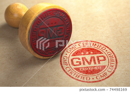 GMP Good Manufacturing Practice certified  stamp on craft paper. 74498169