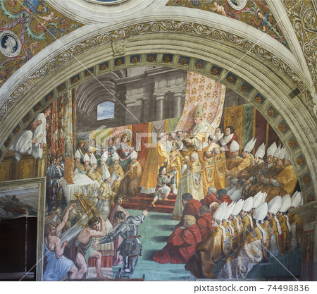 Vatican,Italy-April 04,2014: Ancient frescoes Raphael Rooms (Coronation of Charlemagne) Vatican,Italy-April 04,2014: Ancient frescoes Raphael Rooms (Coronation of Charlemagne) 74498836