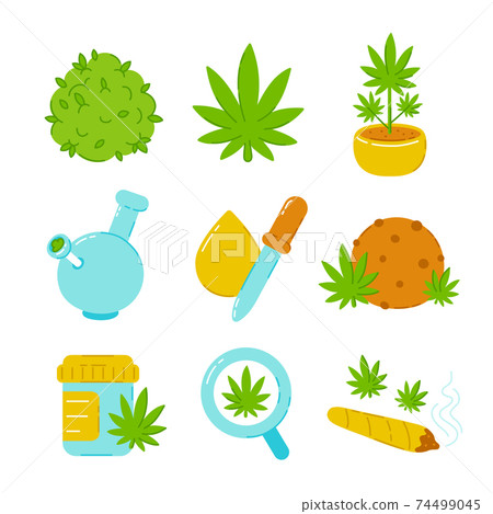 Marijuana weed set collection. Vector trendty flat line illustration icon. Isolated on white background. Medical marijuana bundle concept 74499045
