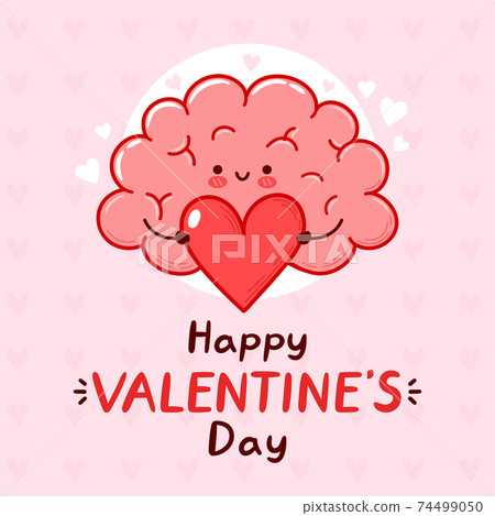 Cute funny brain organ present heart. Happy valentines day card. Vector flat line cartoon kawaii character illustration icon. Valentines day concept 74499050