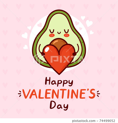 Cute funny avocado present heart. Happy valentines day card. Vector flat line cartoon kawaii character illustration icon. Valentines day concept Cute funny avocado present heart. Happy valentines day card. Vector flat line cartoon kawaii character illustration icon. Valentines day concept 74499052