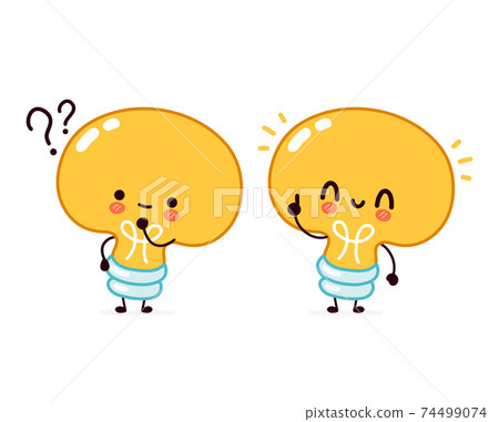 Cute funny light bulb, lamp character with question mark and idea lightbulb 74499074