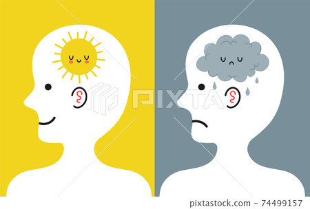 Cute human head in profile with sun and rain cloud inside. Good and bad mood, mental, emotional condition concept. Vector cartoon character illustration icon 74499157