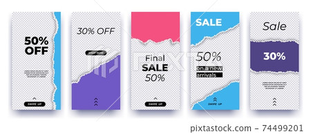 Social editable media banners. Story sale swipe up template. Promotional poster packs for networks. Discount flyers. Vector overlay of torn colored and blank sheets set with copy space Social editable media banners. Story sale swipe up template. Promotional poster packs for networks. Discount flyers. Vector overlay of torn colored and blank sheets set with copy space 74499201