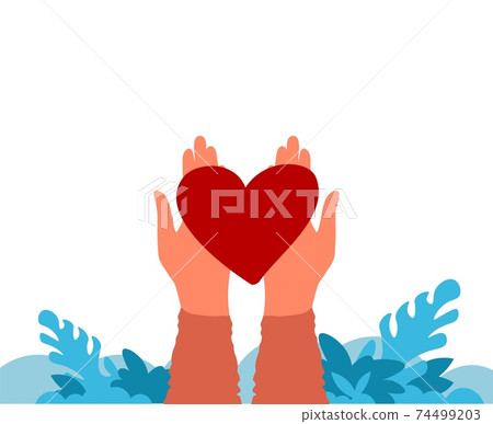 Hands holding heart. Charity and donation concept. Volunteer and philanthropy banner. Cartoon arms giving red symbol of love or life. Help needy. Vector illustration with copy space Hands holding heart. Charity and donation concept. Volunteer and philanthropy banner. Cartoon arms giving red symbol of love or life. Help needy. Vector illustration with copy space 74499203