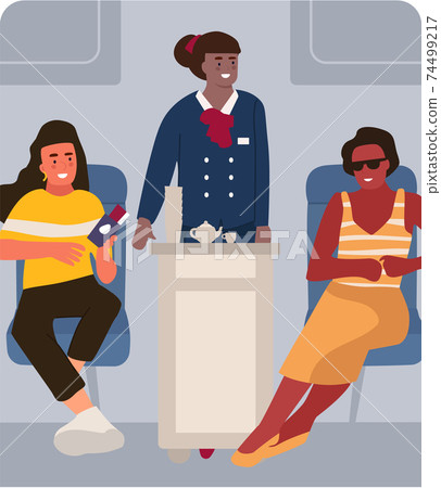 Stewardess and passenger on plane. People traveling by airplane. Cartoon women sitting in aircraft cabin. Hostess offering drinks to travelers. Vector scene of transportation by airlines 74499217