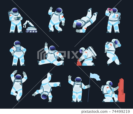 Astronaut. Cartoon spaceman in different poses. Cosmic explorer wears spacesuit and helmet. Cosmonaut takes soil samples or explores surface with space robot. Vector spacewalk scenes set Astronaut. Cartoon spaceman in different poses. Cosmic explorer wears spacesuit and helmet. Cosmonaut takes soil samples or explores surface with space robot. Vector spacewalk scenes set 74499219