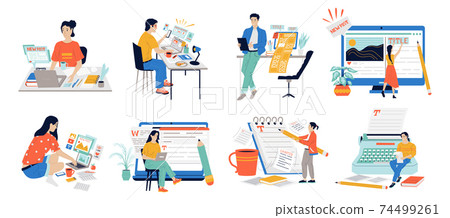 Copywriters. Journalist workflow with content managers posting text with laptop. People work in publishing house of newspapers and magazines Vector writing and storytelling set of scenes Copywriters. Journalist workflow with content managers posting text with laptop. People work in publishing house of newspapers and magazines Vector writing and storytelling set of scenes 74499261