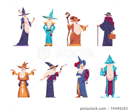 Cartoon wizard. Magician old characters with beard wear long robes and pointed hats. Senior sorcerers cast magical spells. Warlocks hold mystery magic tools. Vector medieval wizards set Cartoon wizard. Magician old characters with beard wear long robes and pointed hats. Senior sorcerers cast magical spells. Warlocks hold mystery magic tools. Vector medieval wizards set 74499265