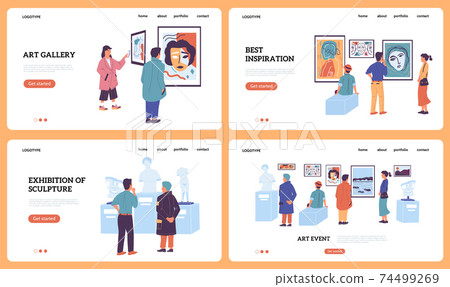 Art gallery landing page. Museum and exhibition of sculptures. Website interface mockups. Online excursion and ticket selling. Web service for tourists and visitors. Vector templates set Art gallery landing page. Museum and exhibition of sculptures. Website interface mockups. Online excursion and ticket selling. Web service for tourists and visitors. Vector templates set 74499269