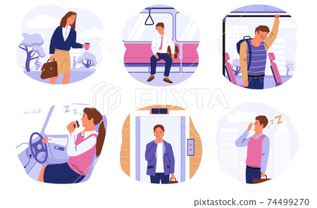 Sleepy people. Drowsy characters in transport and public places, office workers with drowsiness and dozing driver. Cartoon scenes with yawning men or women wanting sleep, vector set Sleepy people. Drowsy characters in transport and public places, office workers with drowsiness and dozing driver. Cartoon scenes with yawning men or women wanting sleep, vector set 74499270