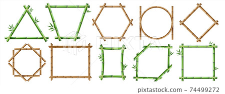 Bamboo frame. Realistic wooden borders with copy space, rustic geometric constructions. Green and brown segmented trunks tied with rope. Vector natural organic building materials set Bamboo frame. Realistic wooden borders with copy space, rustic geometric constructions. Green and brown segmented trunks tied with rope. Vector natural organic building materials set 74499272