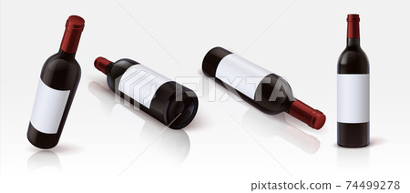 Realistic bottles. 3D mockups of containers for alcoholic beverages, standing and lying glass bottles of red wine from different viewing angles. Product advertising template. Vector set 74499278