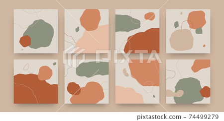 Abstract doodle poster. Square blob shapes and minimal design template, hand drawn geometric banners. Pastel contemporary collage, beige and green form texture vector backgrounds set 74499279