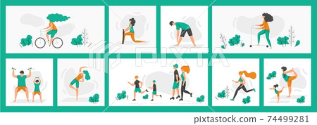 Healthy people poster. World health day greeting cards and flyers, cartoon characters doing outdoor activities and exercises, yoga and fitness training. Vector healthy family banners Healthy people poster. World health day greeting cards and flyers, cartoon characters doing outdoor activities and exercises, yoga and fitness training. Vector healthy family banners 74499281