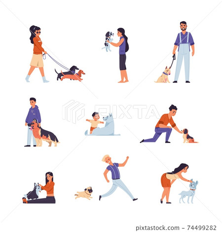 Dog owners. Happy cartoon people walking and playing with pets. Characters hugging puppies and spending time. Men and women take care of domestic animals. Vector set of grooming scenes Dog owners. Happy cartoon people walking and playing with pets. Characters hugging puppies and spending time. Men and women take care of domestic animals. Vector set of grooming scenes 74499282