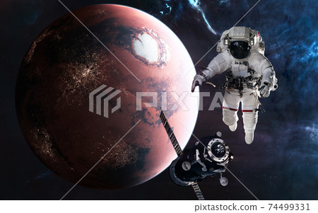 Mars. Astronaut, space station on background of inhabited red planet. Solar system. 3D render 74499331