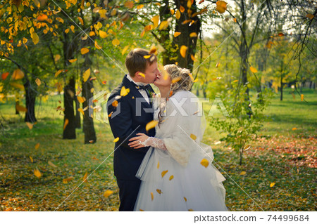 a kiss of a newly-married couple in an autumn park a kiss of a newly-married couple in an autumn park 74499684