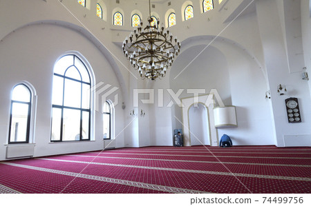 View of hall for praying (iwan) of the Ar-Rahma Mosque (Mercy Mosque) with minbar (pulpit) 74499756