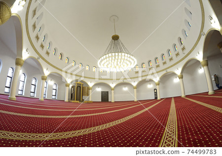 View of hall for praying (iwan) of the Ar-Rahma Mosque (Mercy Mosque) with minbar (pulpit) 74499783