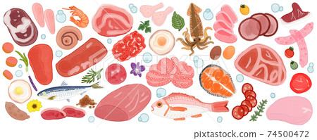 肉，雞蛋，魚和草藥的背景插圖 74500472