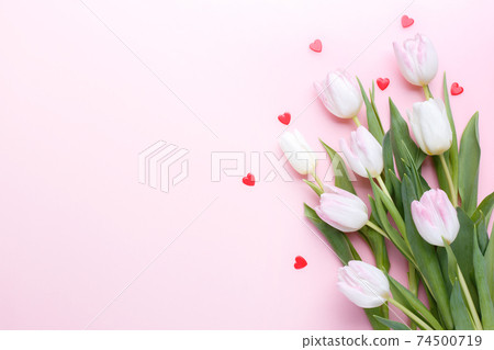 Pink tulips bouquet and hearts Pink tulips bouquet and hearts 74500719