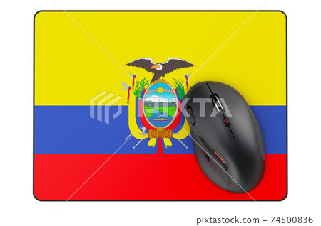 Computer mouse and mouse pad with Ecuadorian flag, 3D rendering Computer mouse and mouse pad with Ecuadorian flag, 3D rendering 74500836