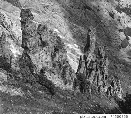 Grayscale. Summer mountain slope with picturesque rock formations. Shpyci mountain, Carpathian, Ukraine. 74500866