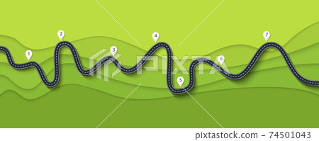 Road trip and Journey route. Winding Road on a Colorful Background with pin pointer. Vector EPS 10 Road trip and Journey route. Winding Road on a Colorful Background with pin pointer. Vector EPS 10 74501043