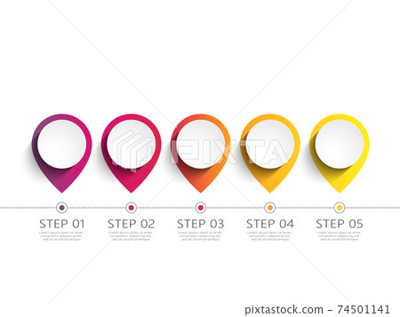 Modern 3D infographic template with 5 steps. Map with pin pointers. Business circle template with options for brochure, diagram, workflow, timeline, web design. Vector EPS 10 74501141