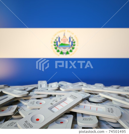 National flag of El Salvador and multiple coronavirus antigen tests, public health conceptual 3D rendering National flag of El Salvador and multiple coronavirus antigen tests, public health conceptual 3D rendering 74501495