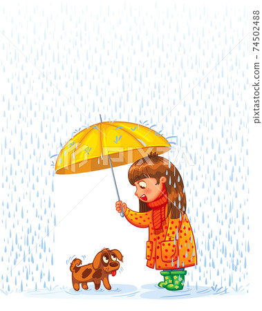 Protect pet from autumn rain. Girl under an umbrella with a small homeless puppy 74502488