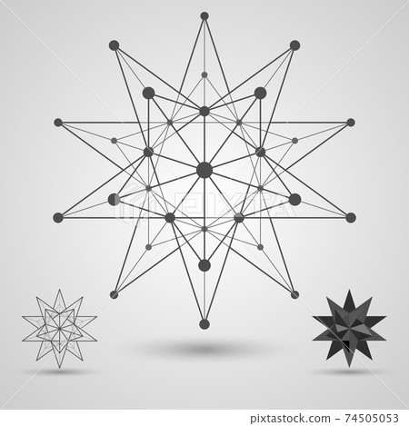 Monochrome skeleton of connected lines and dots. Great stellated dodecahedron stereometric element. 74505053