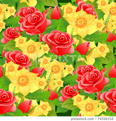Seamless floral background of roses, daffodils and leaves. 74506358