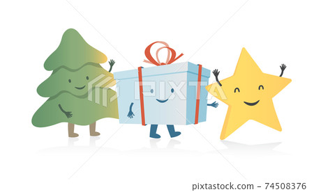 Christmas tree, gift box and new year golden star celebrating together. Cartoon style vector illustration. 74508376