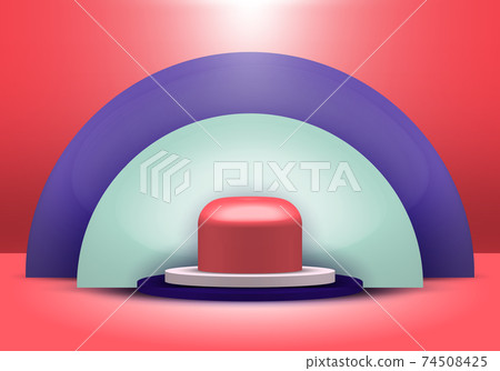 3D realistic geometric shapes blue, white, red color product shelf standing with semicircle blank backdrop pedestal podium display on red background with lighting. 3D realistic geometric shapes blue, white, red color product shelf standing with semicircle blank backdrop pedestal podium display on red background with lighting. 74508425