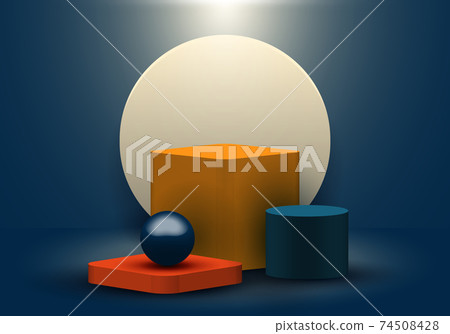 3D realistic geometric shapes blue, yellow, red color product shelf standing backdrop with circle blank pedestal podium display 3D realistic geometric shapes blue, yellow, red color product shelf standing backdrop with circle blank pedestal podium display 74508428