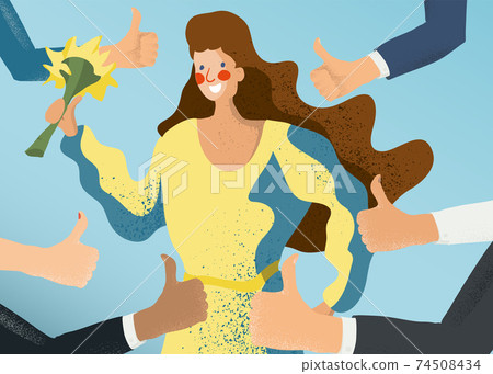 Smiling woman surrounded by thumbs up gesturing hands. Social approval, positive feedback and acceptance success concept. Flat style colorful vector character Smiling woman surrounded by thumbs up gesturing hands. Social approval, positive feedback and acceptance success concept. Flat style colorful vector character 74508434