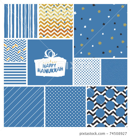 Hanukkah seamless patterns collection. Blue backgrounds with polka dots, lines, zigzag, chevron and golden stars (magen david). Happy Hanukkah typography on gift box silhouette, symbolic menora image. Hanukkah seamless patterns collection. Blue backgrounds with polka dots, lines, zigzag, chevron and golden stars (magen david). Happy Hanukkah typography on gift box silhouette, symbolic menora image. 74508927