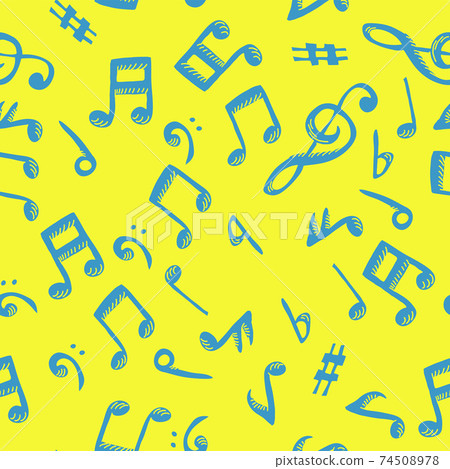 Blue notes seamless pattern on yellow background. Music theme vector background Blue notes seamless pattern on yellow background. Music theme vector background 74508978