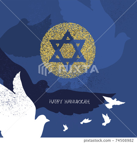 Golden Star of David with dove silhouettes vector illustration. Hanukkah greeting cards. Flying Pigeon symbol of peace. Golden Star of David with dove silhouettes vector illustration. Hanukkah greeting cards. Flying Pigeon symbol of peace. 74508982