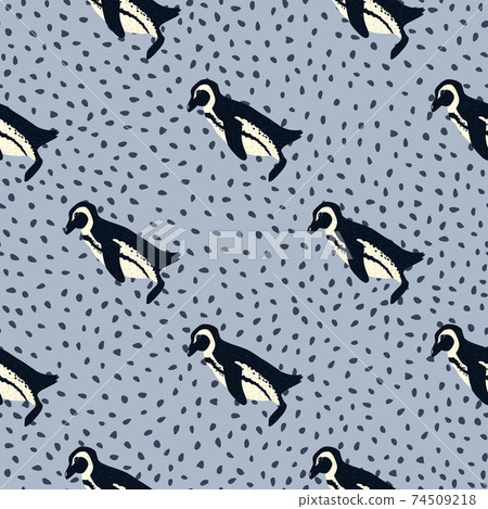 Wild nature seamless pattern with hand drawn penguin ornament. Light blue dotted background. Wild nature seamless pattern with hand drawn penguin ornament. Light blue dotted background. 74509218