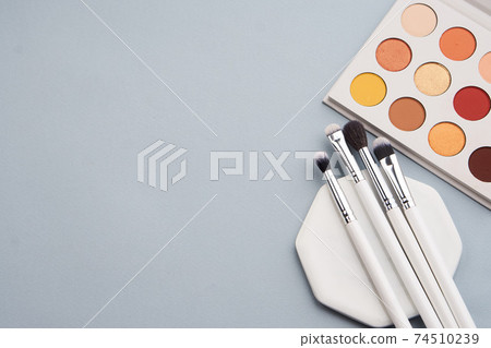 Palette with shadows and professional brushes on a stand on a gray background Palette with shadows and professional brushes on a stand on a gray background 74510239