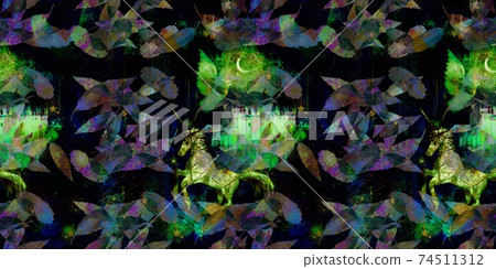 在一片落葉飛舞的森林中發現的獨角獸,鴿子和中世紀城堡的圖案插圖 在一片落葉飛舞的森林中發現的獨角獸,鴿子和中世紀城堡的圖案插圖 74511312