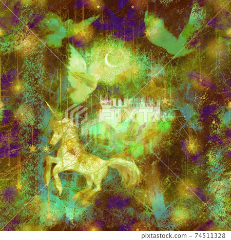 Pattern illustration of a unicorn, a dove, and a medieval castle found in a forest where fallen leaves dance 74511328