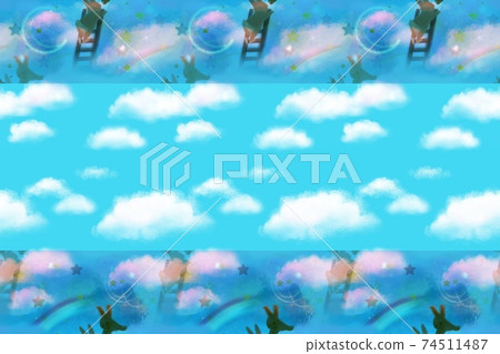 Illustration of a rabbit who climbed a ladder and reunited with colorful clouds over a rainbow Illustration of a rabbit who climbed a ladder and reunited with colorful clouds over a rainbow 74511487