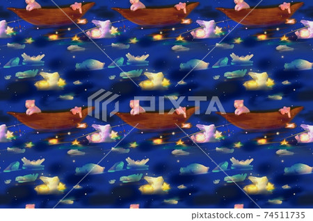 北極熊父母和孩子在繁星點點的夜晚在充滿冰河的北冰洋探險的插圖 74511735